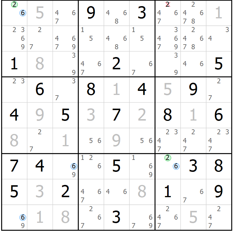 Position des candidats pour la solution de la Gr 43 page 46 du magazine de sudoku Maestro n° 087