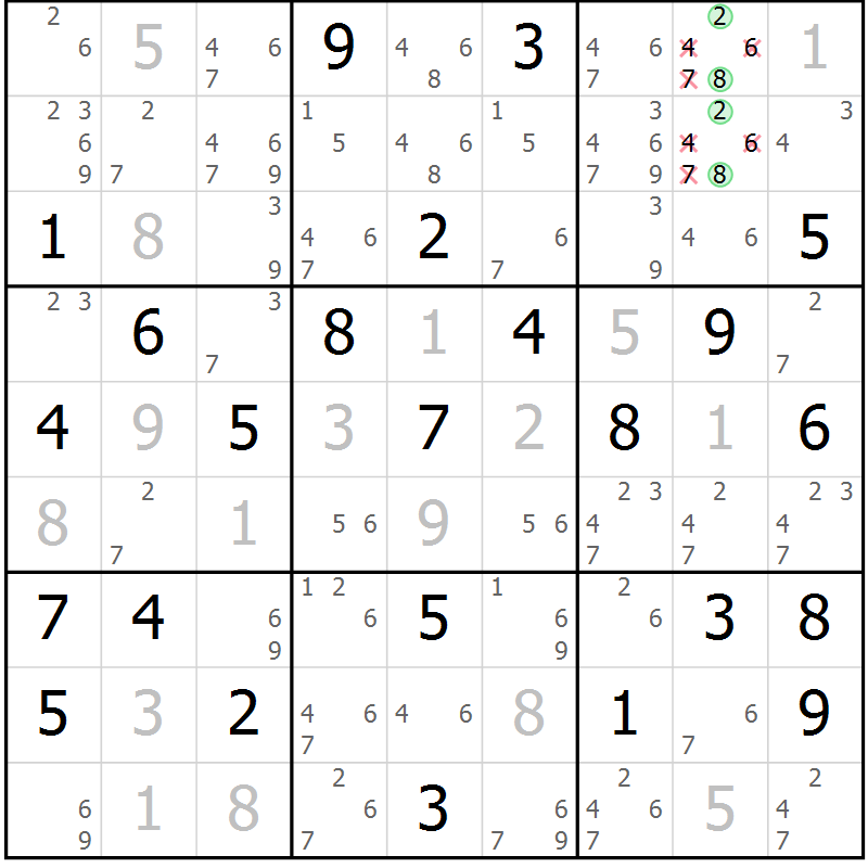 Position des candidats pour la solution de la Gr 43 page 46 du magazine de sudoku Maestro n° 087