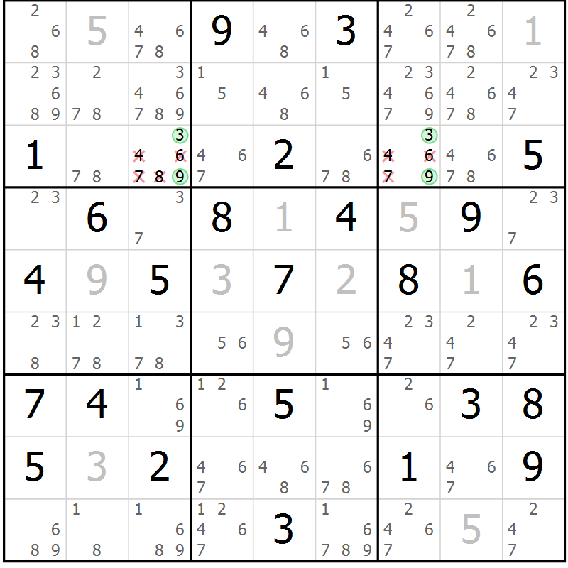 Position des candidats pour la solution de la Gr 43 page 46 du magazine de sudoku Maestro n° 087