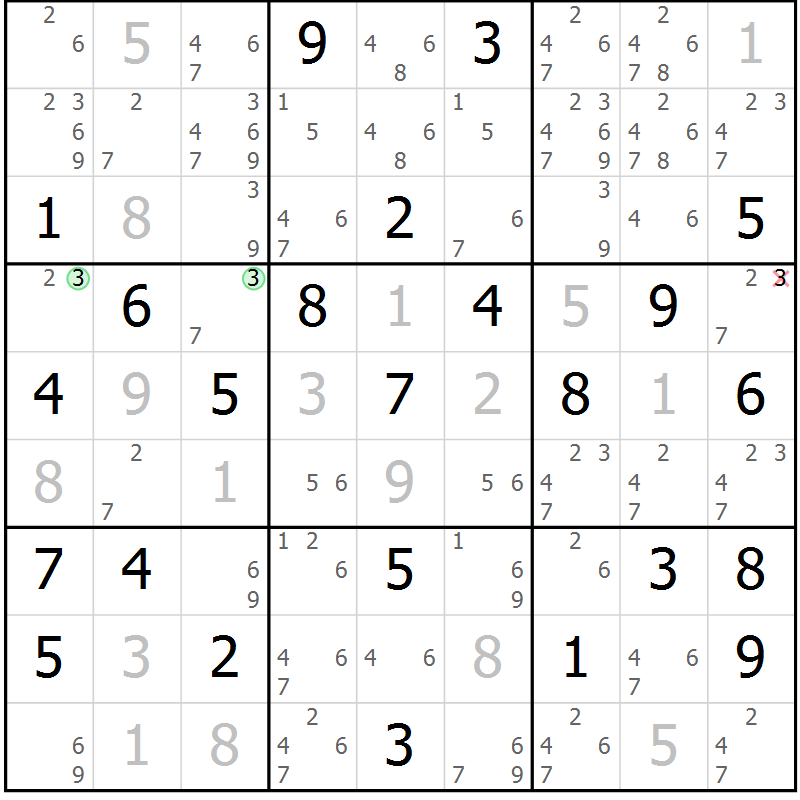 Position des candidats pour la solution de la Gr 43 page 46 du magazine de sudoku Maestro n° 087