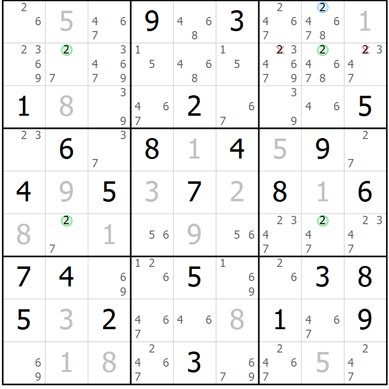 Position des candidats pour la solution de la Gr 43 page 46 du magazine de sudoku Maestro n° 087