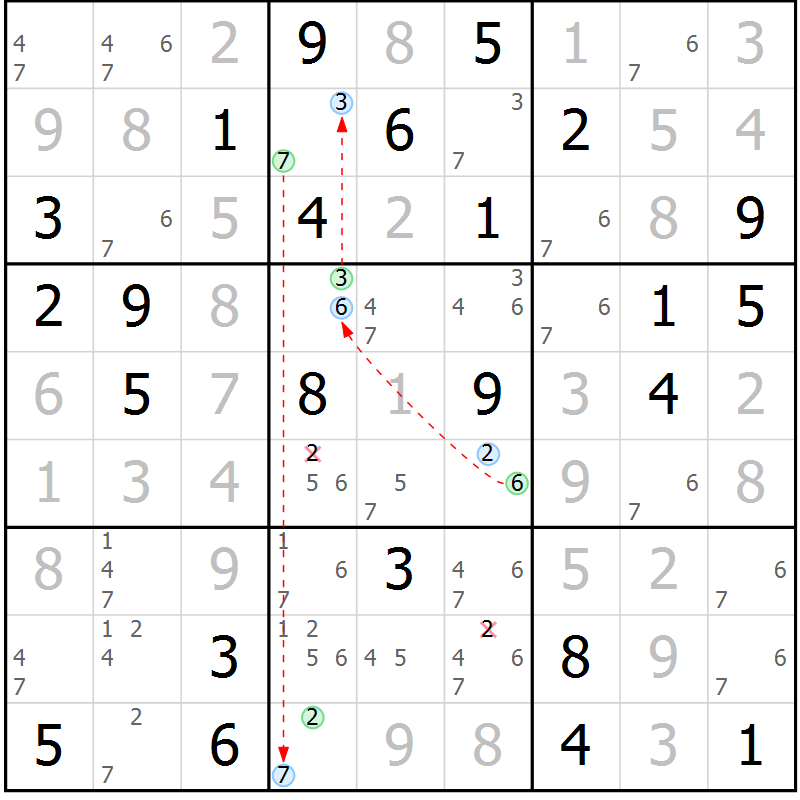 Position des candidats pour la solution de la Gr 44 page 47 du magazine de sudoku Maestro n° 087