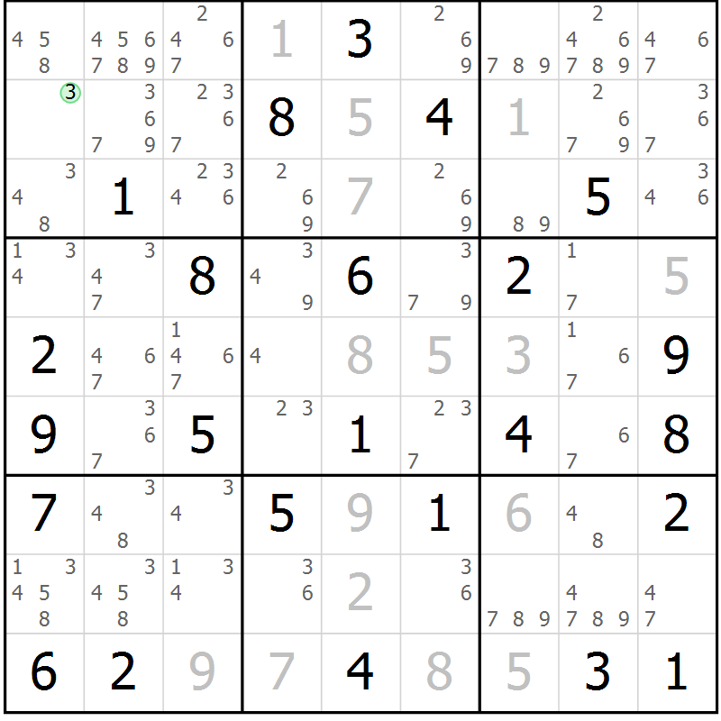 Position des candidats pour la solution de la Gr 45 page 48 du magazine de sudoku Maestro n° 087