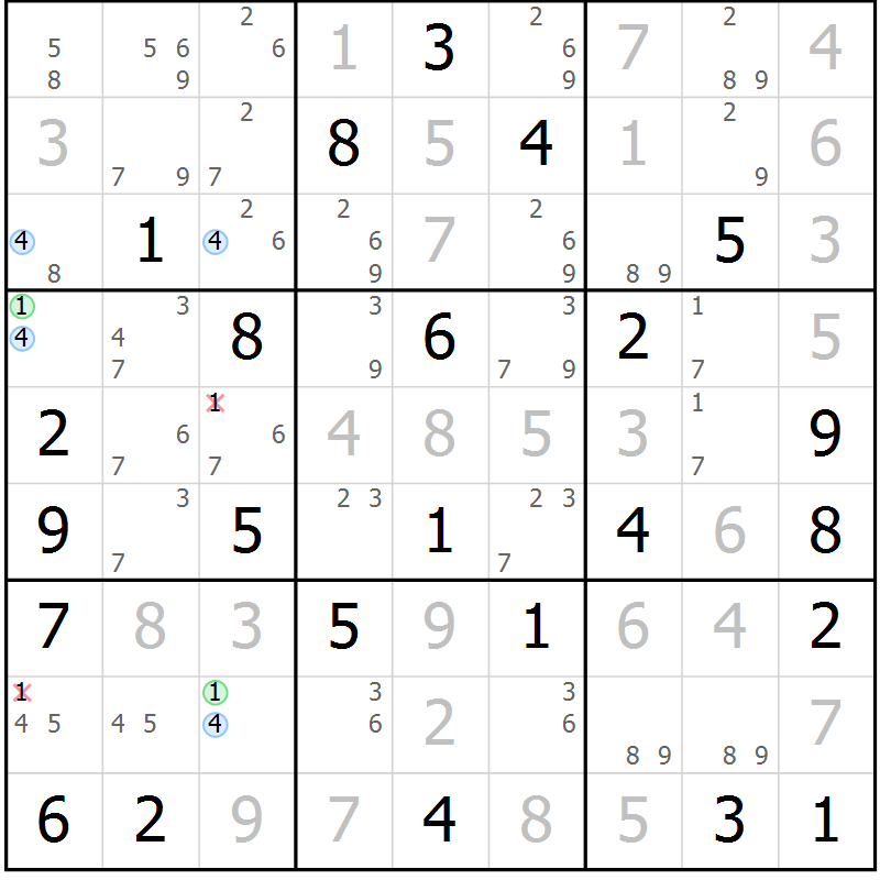 Position des candidats pour la solution de la Gr 45 page 48 du magazine de sudoku Maestro n° 087