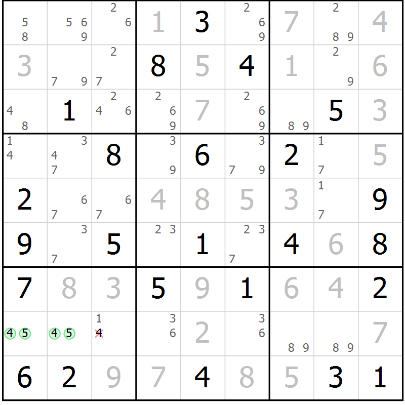 Position des candidats pour la solution de la Gr 45 page 48 du magazine de sudoku Maestro n° 087