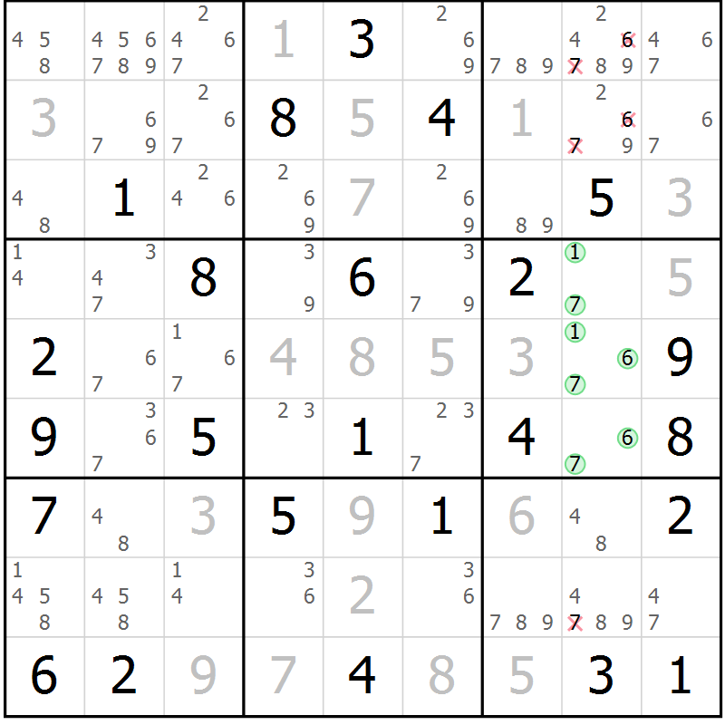 Position des candidats pour la solution de la Gr 45 page 48 du magazine de sudoku Maestro n° 087