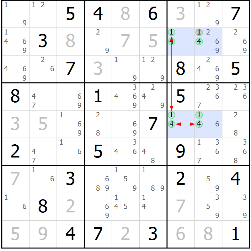 Position des candidats pour la solution de la Gr 46 page 49 du magazine de sudoku Maestro n° 087