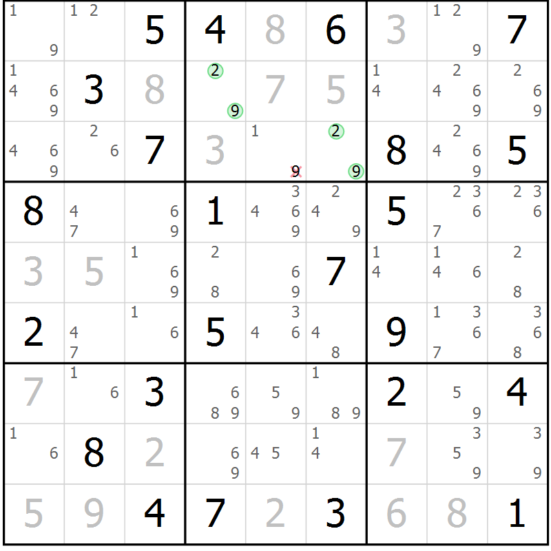 Position des candidats pour la solution de la Gr 46 page 49 du magazine de sudoku Maestro n° 087