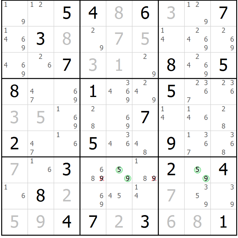 Position des candidats pour la solution de la Gr 46 page 49 du magazine de sudoku Maestro n° 087