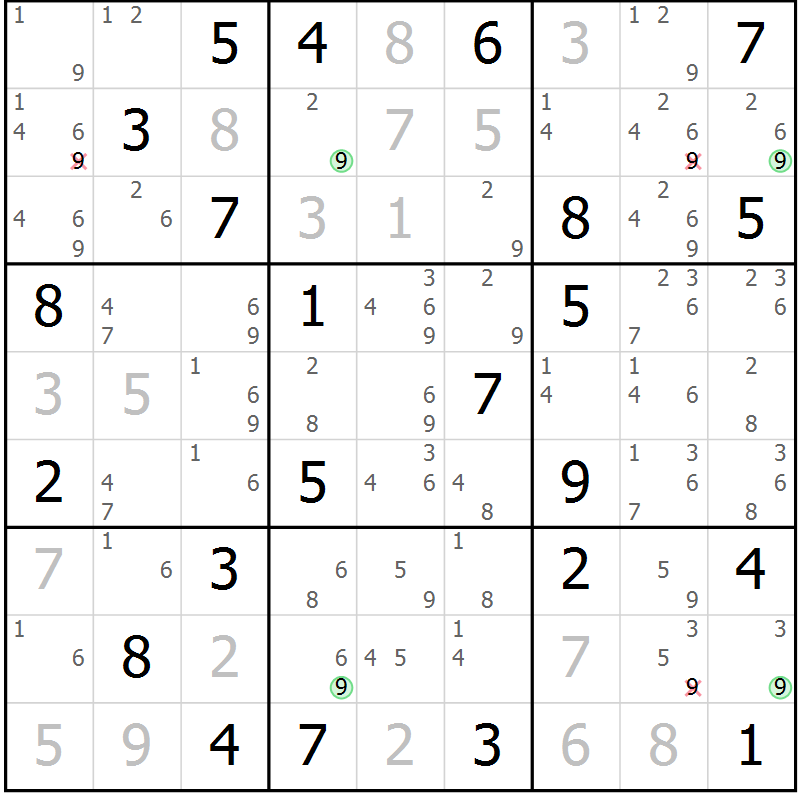 Position des candidats pour la solution de la Gr 46 page 49 du magazine de sudoku Maestro n° 087