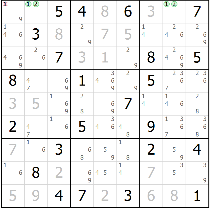 Position des candidats pour la solution de la Gr 46 page 49 du magazine de sudoku Maestro n° 087