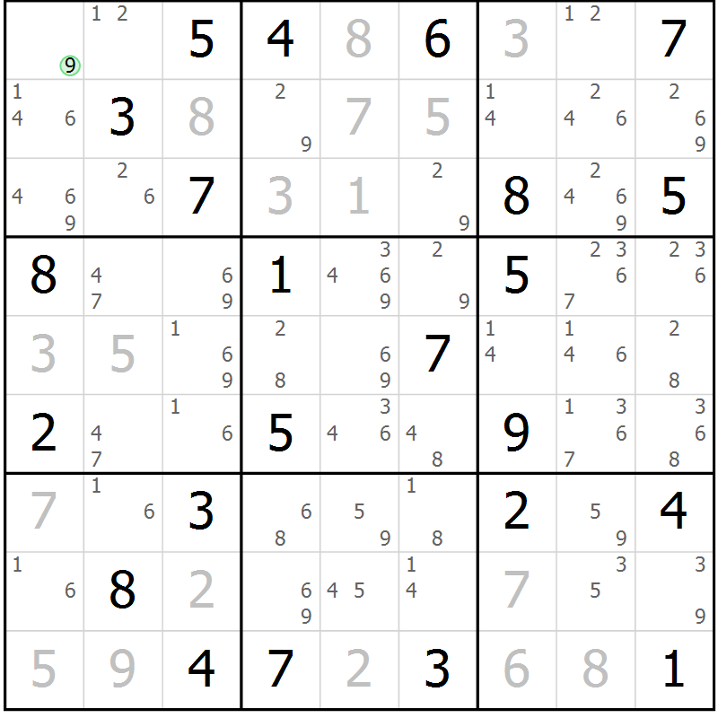 Position des candidats pour la solution de la Gr 46 page 49 du magazine de sudoku Maestro n° 087