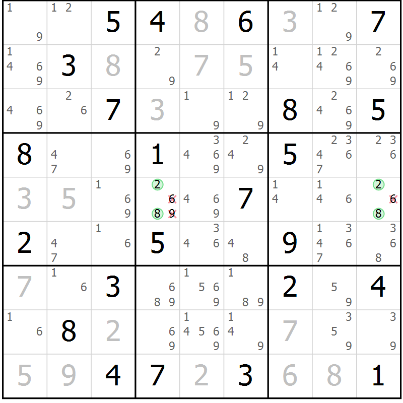 Position des candidats pour la solution de la Gr 46 page 49 du magazine de sudoku Maestro n° 087