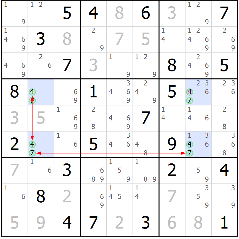 Position des candidats pour la solution de la Gr 46 page 49 du magazine de sudoku Maestro n° 087