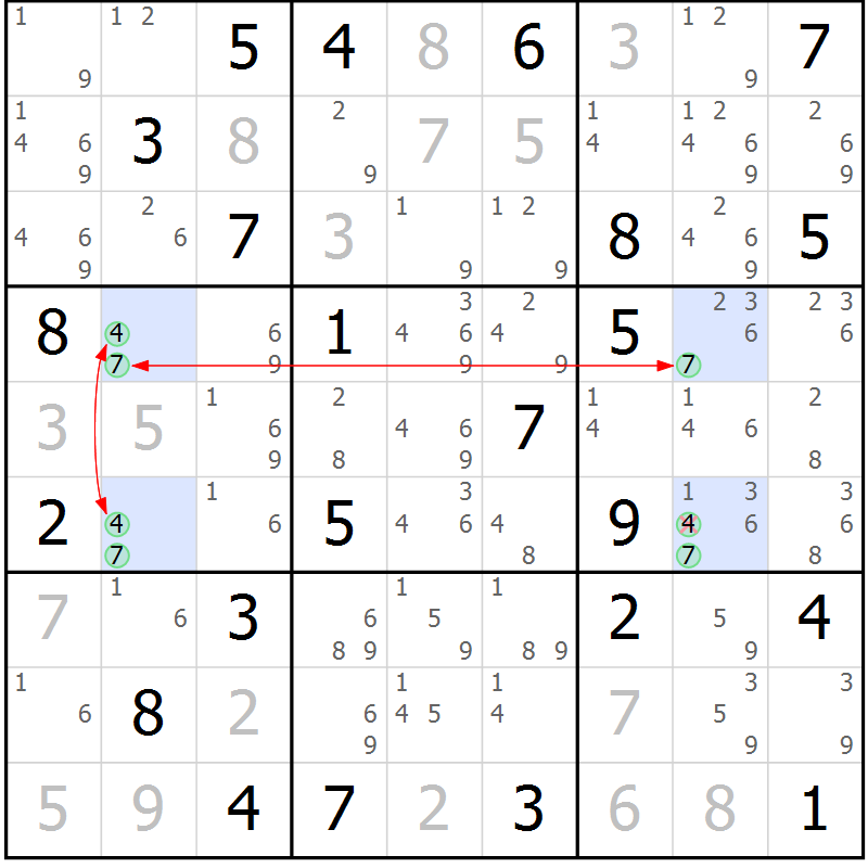 Position des candidats pour la solution de la Gr 46 page 49 du magazine de sudoku Maestro n° 087