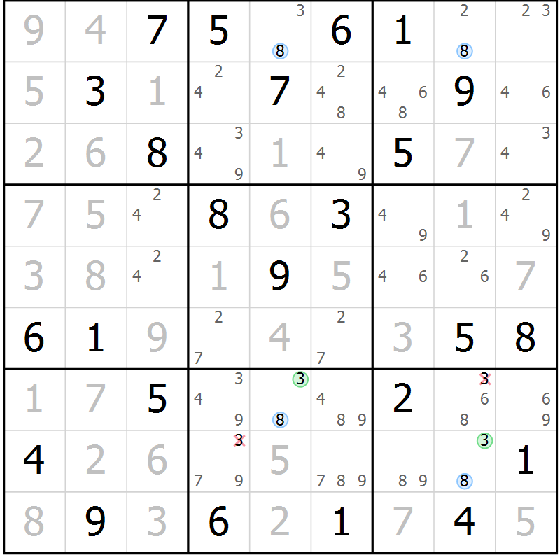 Position des candidats pour la solution de la Gr 47 page 50 du magazine de sudoku Maestro n° 087