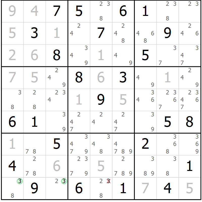 Position des candidats pour la solution de la Gr 47 page 50 du magazine de sudoku Maestro n° 087