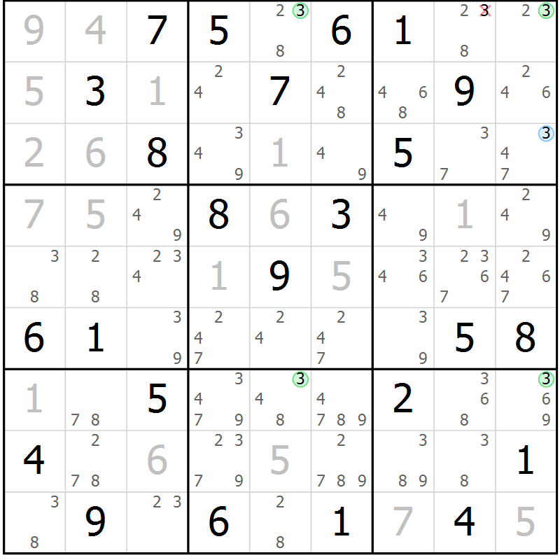 Position des candidats pour la solution de la Gr 47 page 50 du magazine de sudoku Maestro n° 087