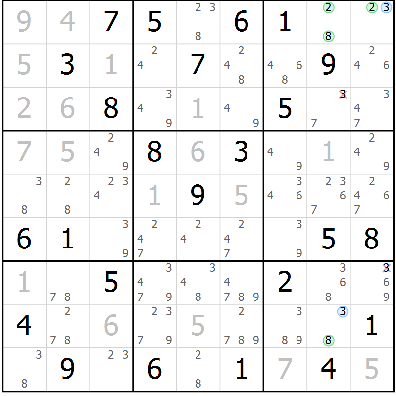 Position des candidats pour la solution de la Gr 47 page 50 du magazine de sudoku Maestro n° 087