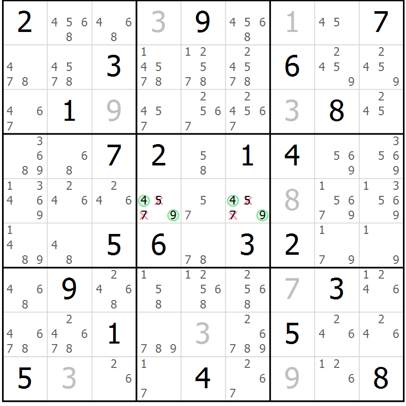 Position des candidats pour la solution de la Gr 49 page 52 du magazine de sudoku Maestro n° 087