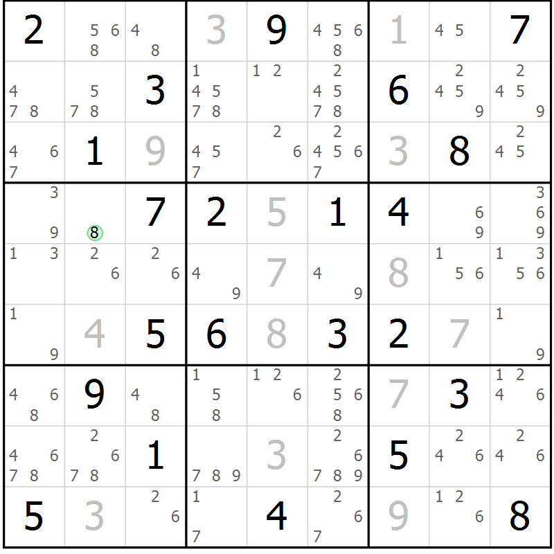 Position des candidats pour la solution de la Gr 49 page 52 du magazine de sudoku Maestro n° 087
