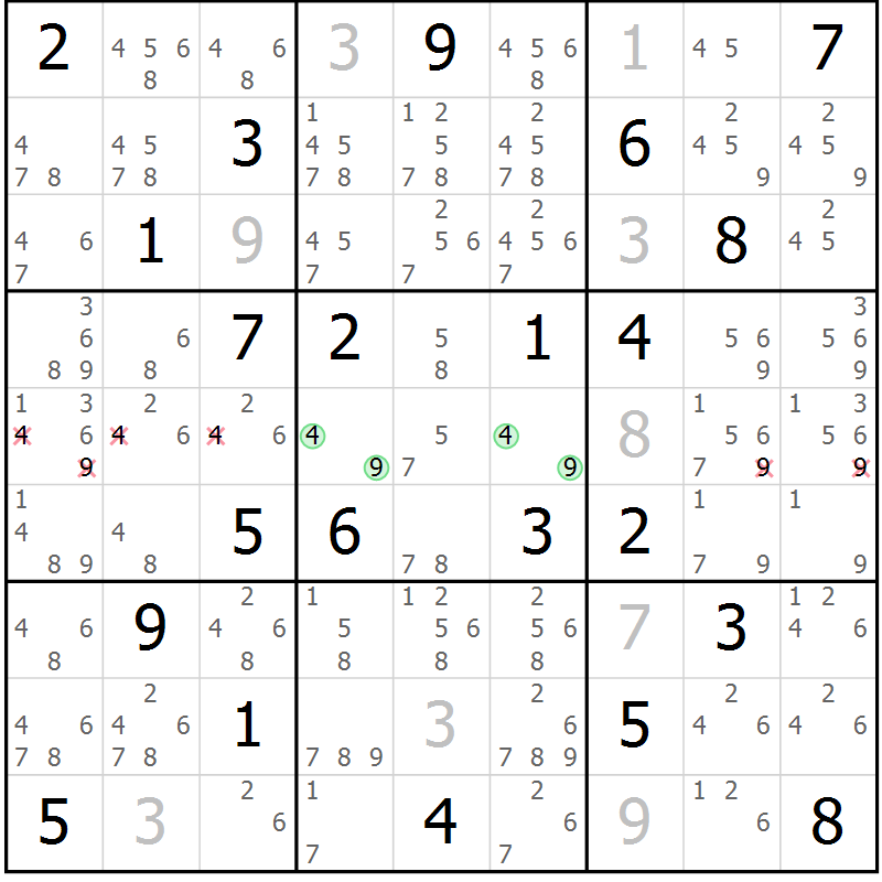 Position des candidats pour la solution de la Gr 49 page 52 du magazine de sudoku Maestro n° 087