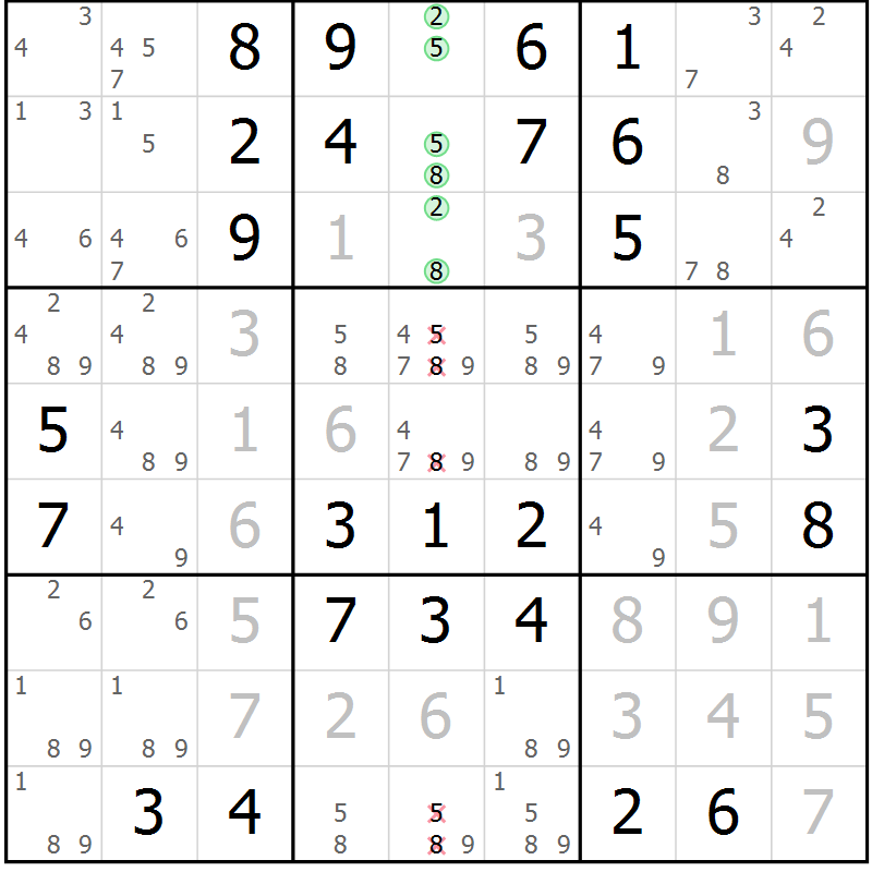 Position des candidats pour la solution de la Gr 5 page 8 du magazine de sudoku Maestro n° 087