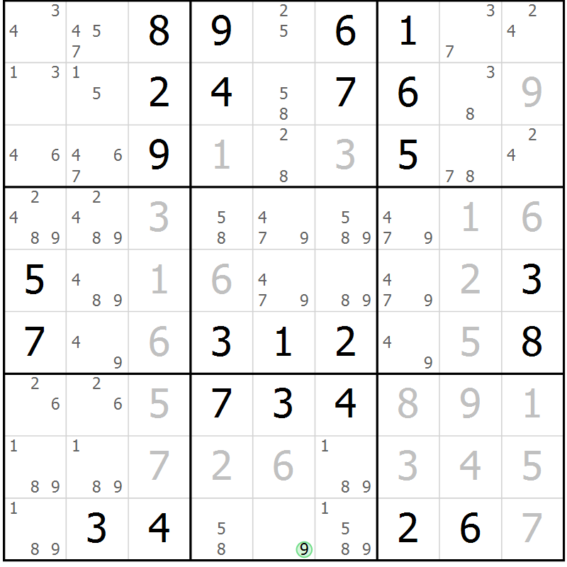 Position des candidats pour la solution de la Gr 5 page 8 du magazine de sudoku Maestro n° 087