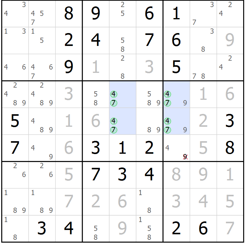 Position des candidats pour la solution de la Gr 5 page 8 du magazine de sudoku Maestro n° 087