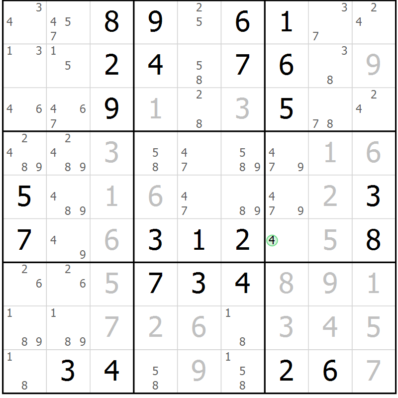Position des candidats pour la solution de la Gr 5 page 8 du magazine de sudoku Maestro n° 087