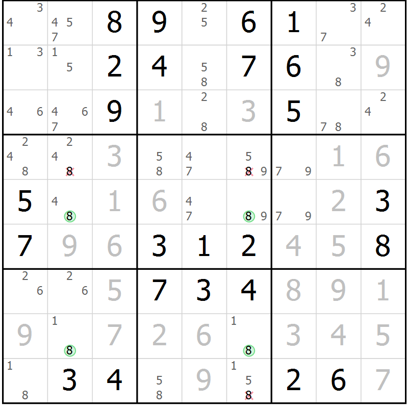 Position des candidats pour la solution de la Gr 5 page 8 du magazine de sudoku Maestro n° 087