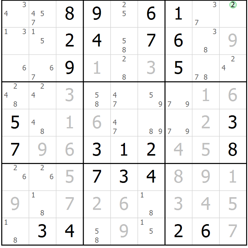Position des candidats pour la solution de la Gr 5 page 8 du magazine de sudoku Maestro n° 087