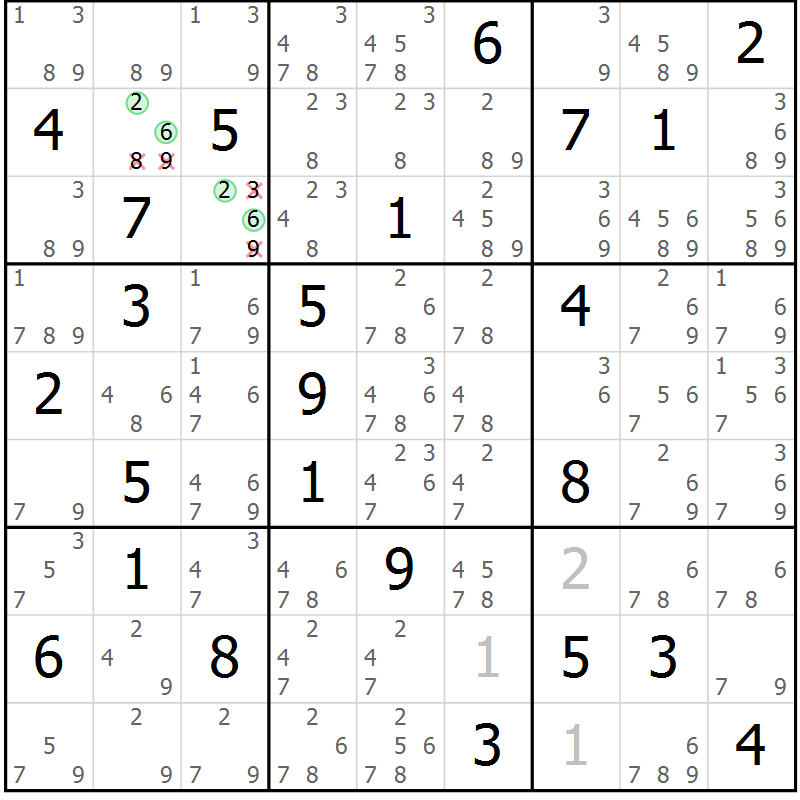 Position des candidats pour la solution de la Gr 50 page 53 du magazine de sudoku Maestro n° 087