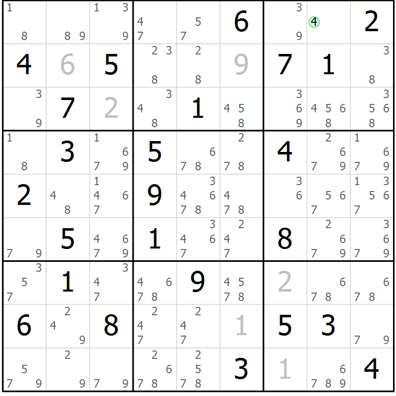 Position des candidats pour la solution de la Gr 50 page 53 du magazine de sudoku Maestro n° 087