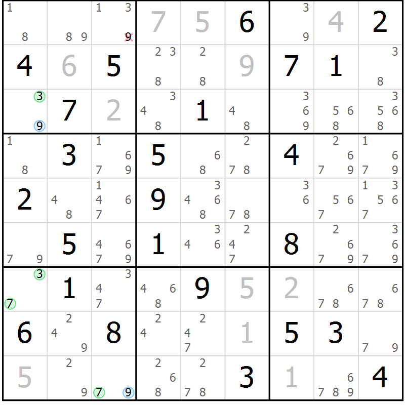 Position des candidats pour la solution de la Gr 50 page 53 du magazine de sudoku Maestro n° 087