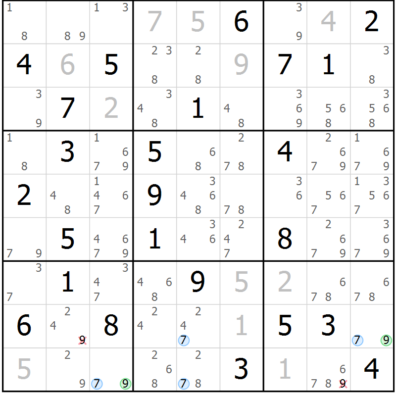 Position des candidats pour la solution de la Gr 50 page 53 du magazine de sudoku Maestro n° 087