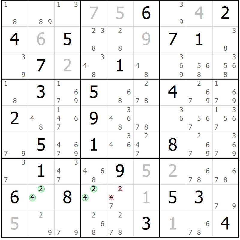 Position des candidats pour la solution de la Gr 50 page 53 du magazine de sudoku Maestro n° 087