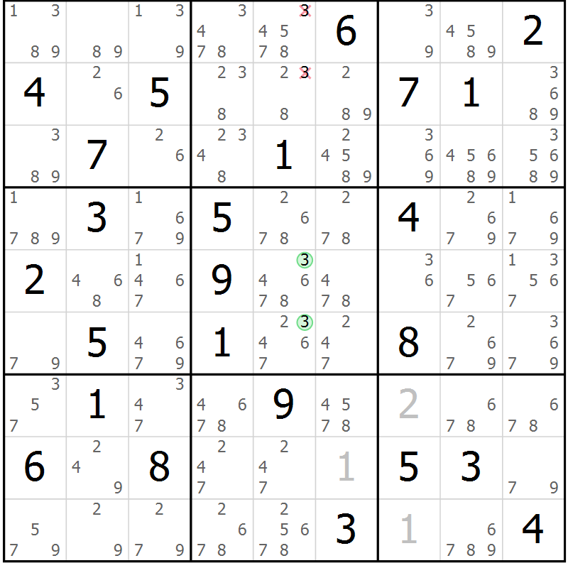 Position des candidats pour la solution de la Gr 50 page 53 du magazine de sudoku Maestro n° 087