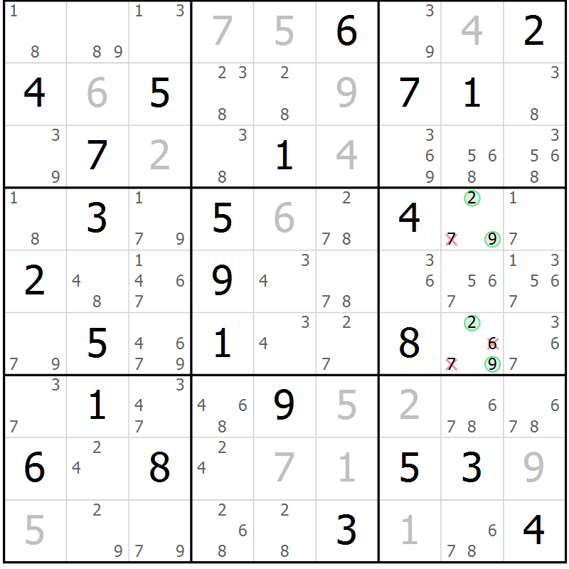 Position des candidats pour la solution de la Gr 50 page 53 du magazine de sudoku Maestro n° 087