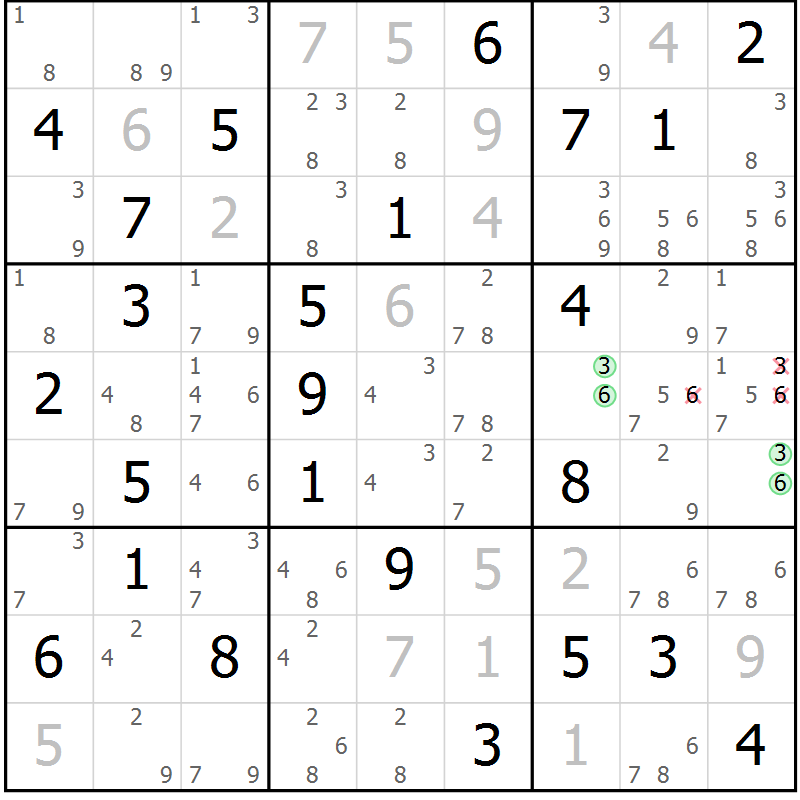 Position des candidats pour la solution de la Gr 50 page 53 du magazine de sudoku Maestro n° 087