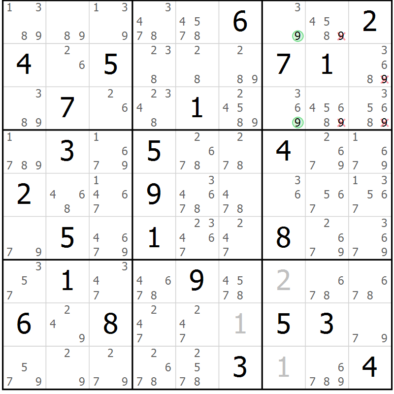 Position des candidats pour la solution de la Gr 50 page 53 du magazine de sudoku Maestro n° 087