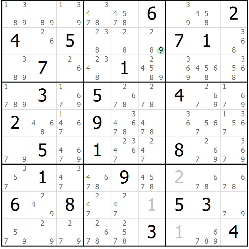 Position des candidats pour la solution de la Gr 50 page 53 du magazine de sudoku Maestro n° 087