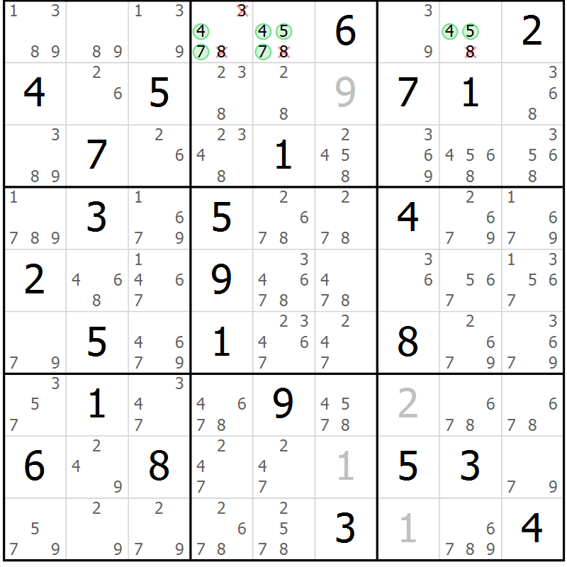 Position des candidats pour la solution de la Gr 50 page 53 du magazine de sudoku Maestro n° 087