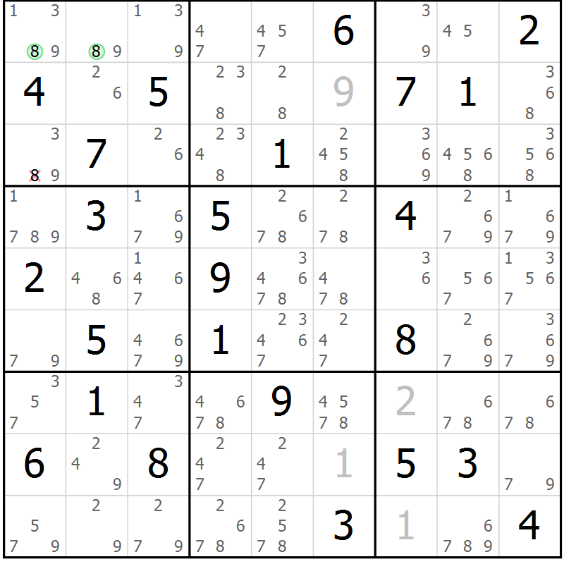 Position des candidats pour la solution de la Gr 50 page 53 du magazine de sudoku Maestro n° 087