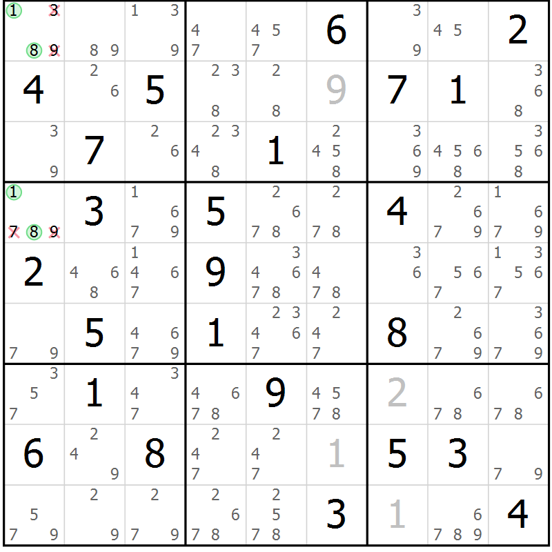 Position des candidats pour la solution de la Gr 50 page 53 du magazine de sudoku Maestro n° 087