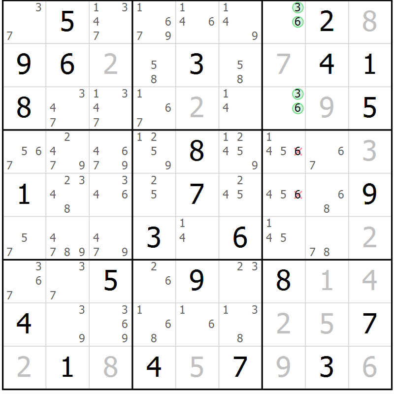 Position des candidats pour la solution de la Gr 51 page 54 du magazine de sudoku Maestro n° 087