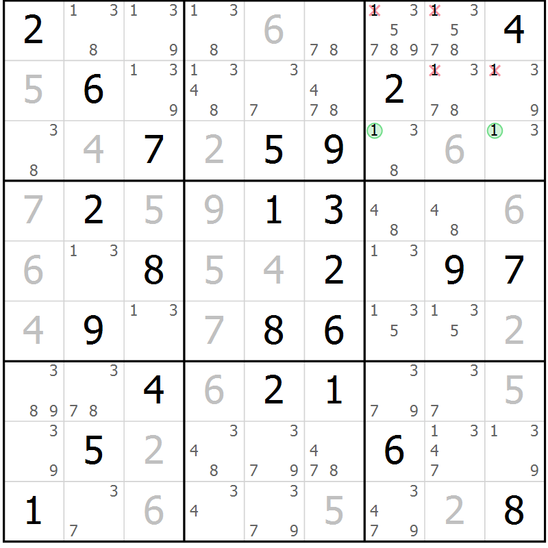 Position des candidats pour la solution de la Gr 52 page 55 du magazine de sudoku Maestro n° 087