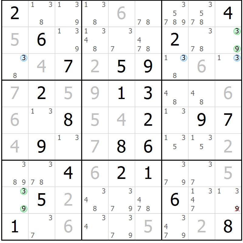 Position des candidats pour la solution de la Gr 52 page 55 du magazine de sudoku Maestro n° 087