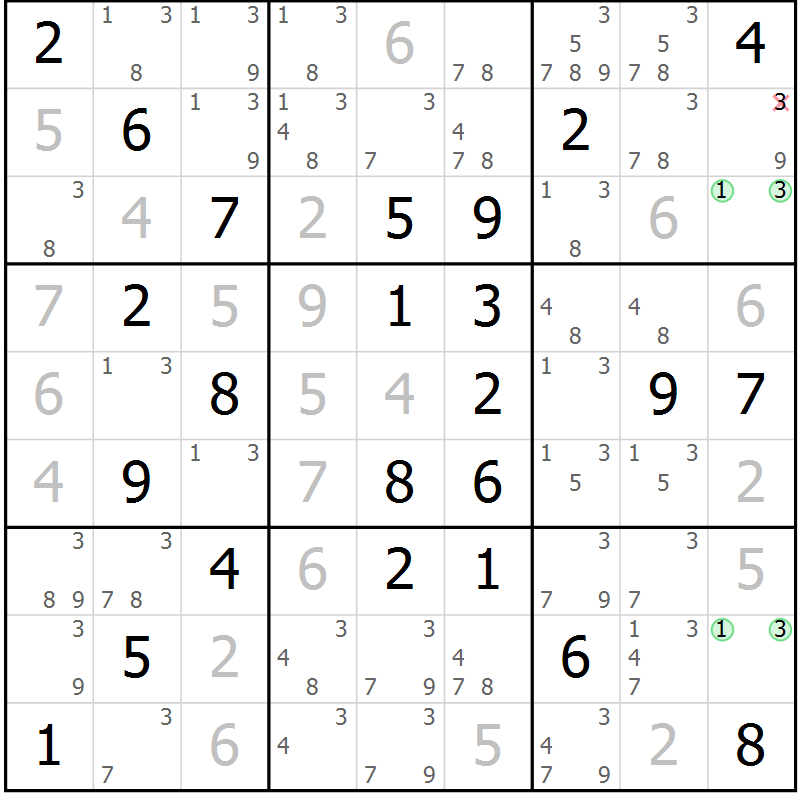 Position des candidats pour la solution de la Gr 52 page 55 du magazine de sudoku Maestro n° 087