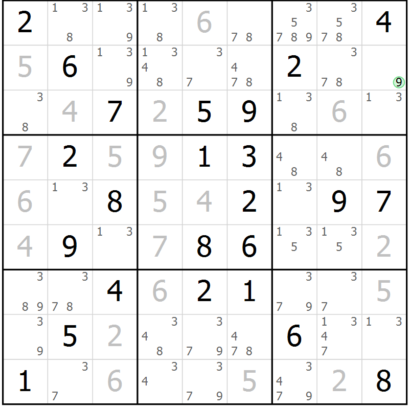 Position des candidats pour la solution de la Gr 52 page 55 du magazine de sudoku Maestro n° 087